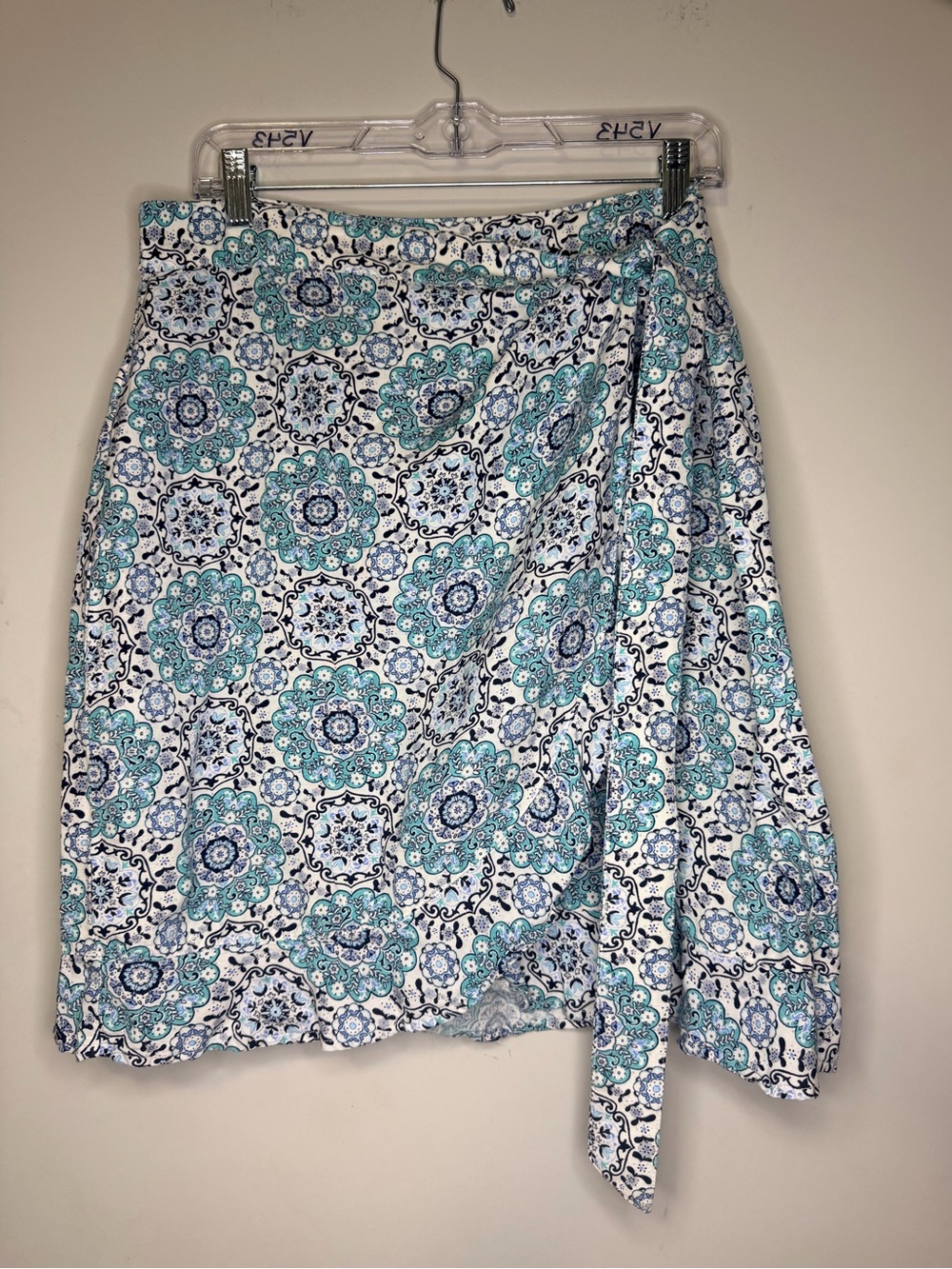 LOFT Teal and Blue Floral Medallion Linen Blend Ruffle Wrap Skirt Women Size 14 - Picture 2 of 7